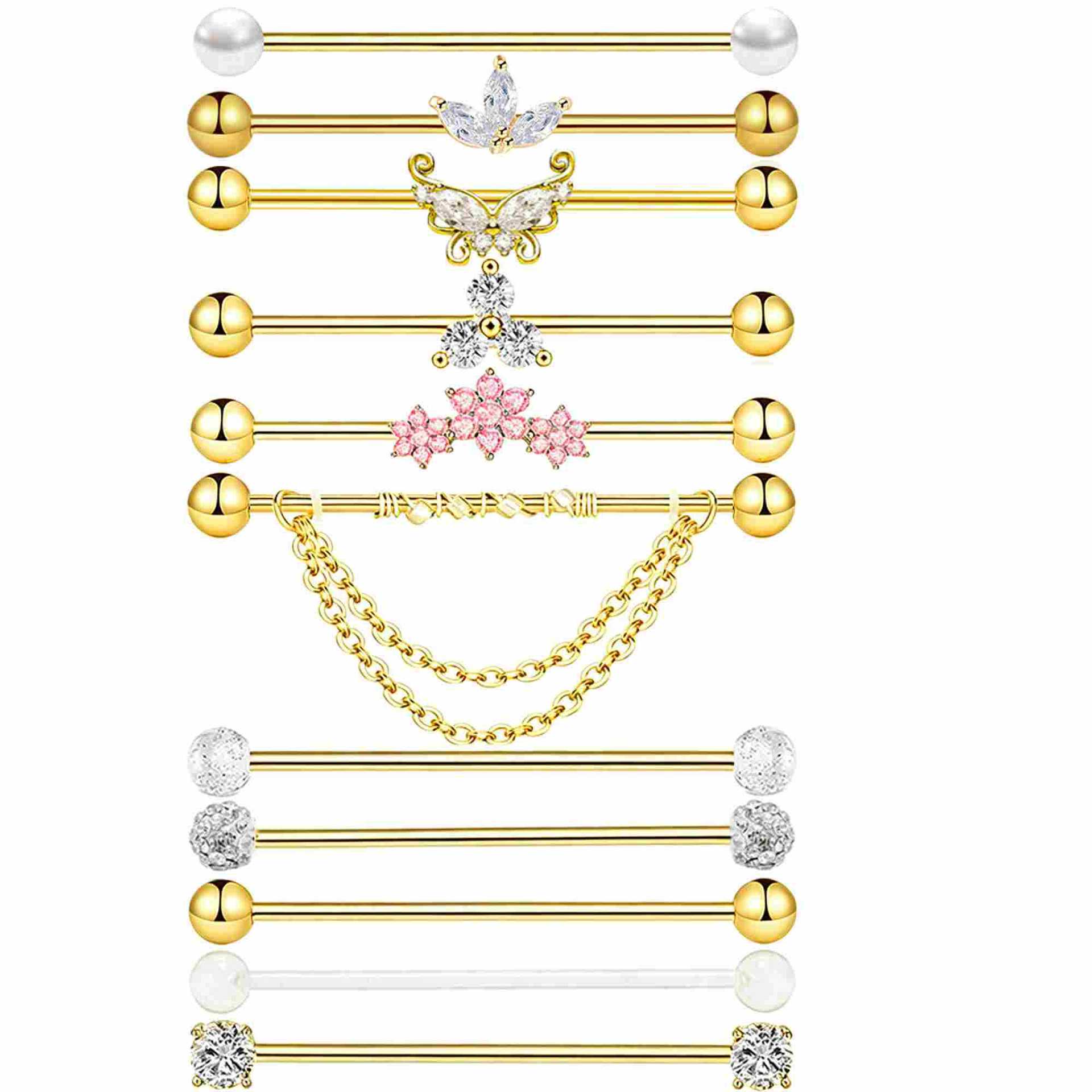 Body Jewelry Barbell - Позолоченные промышленные пирсинг-украшения: серьги-штанги из нержавеющей